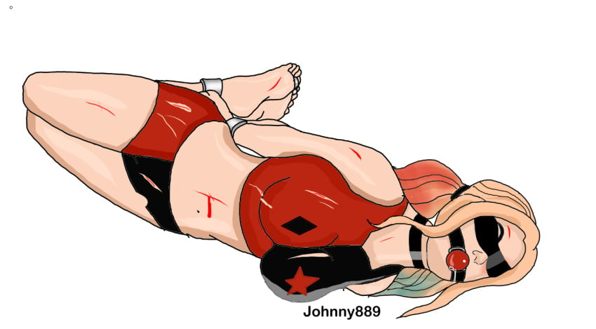 1girls ball_gag barefoot batman_(series) blindfold blood blood_stain bondage bound_ankles bound_wrists cuff_(restraint) cuffed cuffed_ankles cuffed_wrists dc dc_comics female female_only handcuffed handcuffs harleen_quinzel harley_quinn harley_quinn_(2019) harley_quinn_(series) hogtie injured midriff navel solo solo_female