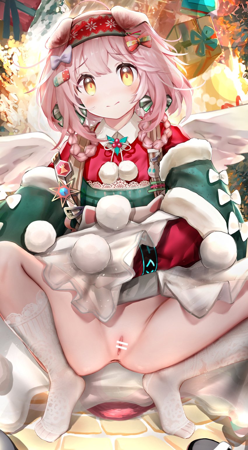 absurdres animal_ears anus arknights bar_censor black_bracelet blush bottomless bow box braid cat_ears cat_girl censored female floppy_ears floral_print flower fur-trimmed_sleeves fur_trim gift gift_box goldenglow_(arknights) goldenglow_(night_loving_servant)_(arknights) green_bow green_shirt hairband hairbow highres infection_monitor_(arknights) long_hair looking_at_viewer nopetroto official_alternate_costume pink_hair poinsettia pom_pom_(clothes) print_hairband pussy red_bow red_hairband red_shirt shirt socks solo squatting white_bow white_socks yellow_eyes