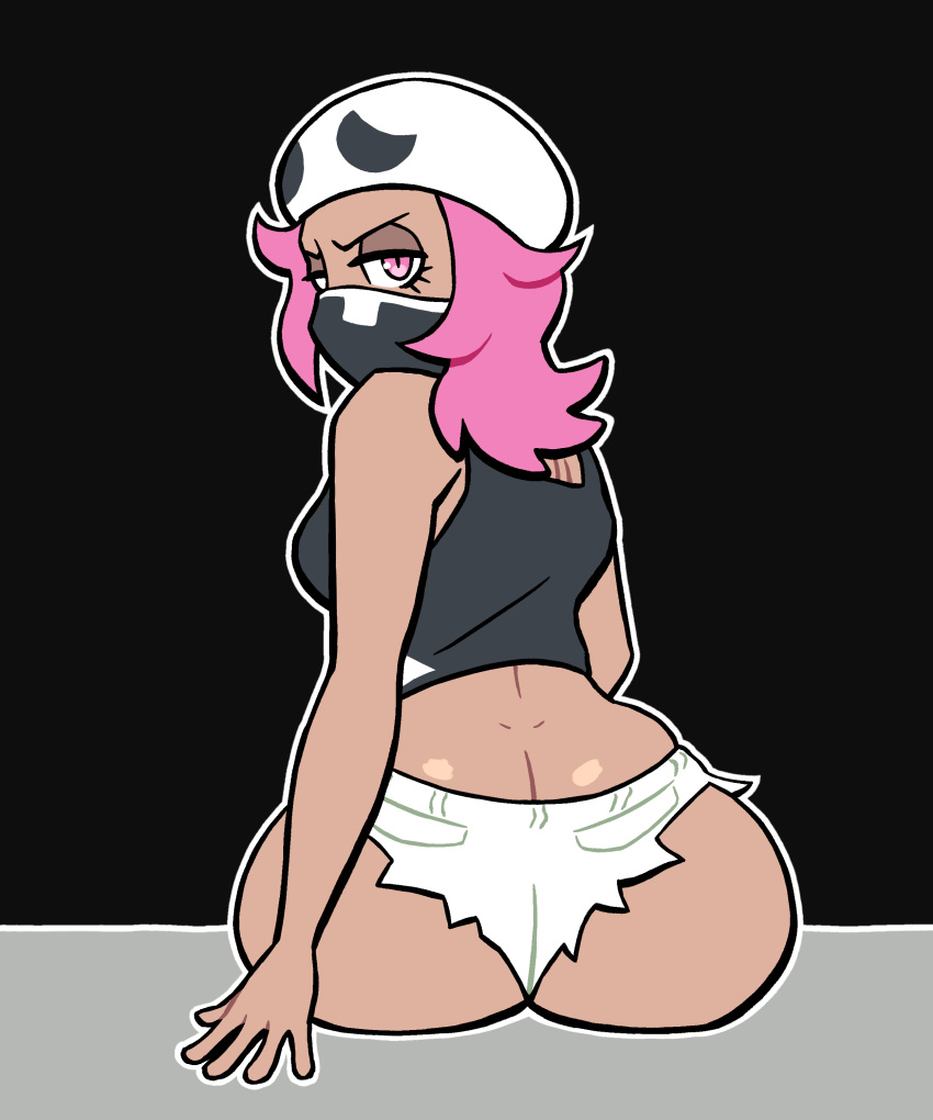 1girls 2022 5_fingers ass_cleavage bandana bandana_over_mouth big_ass big_breasts black_bandana black_tank_top booty_shorts bubble_butt butt_crack female female_only female_team_skull_grunt game_freak hat looking_at_viewer looking_back lovetopullmicke nintendo pink_eyes pink_hair pokemon pokemon_sm rapp_(pokemon) shorts sideboob solo tagme tank_top team_skull team_skull_grunt team_skull_grunt_(female) white_hat white_shorts