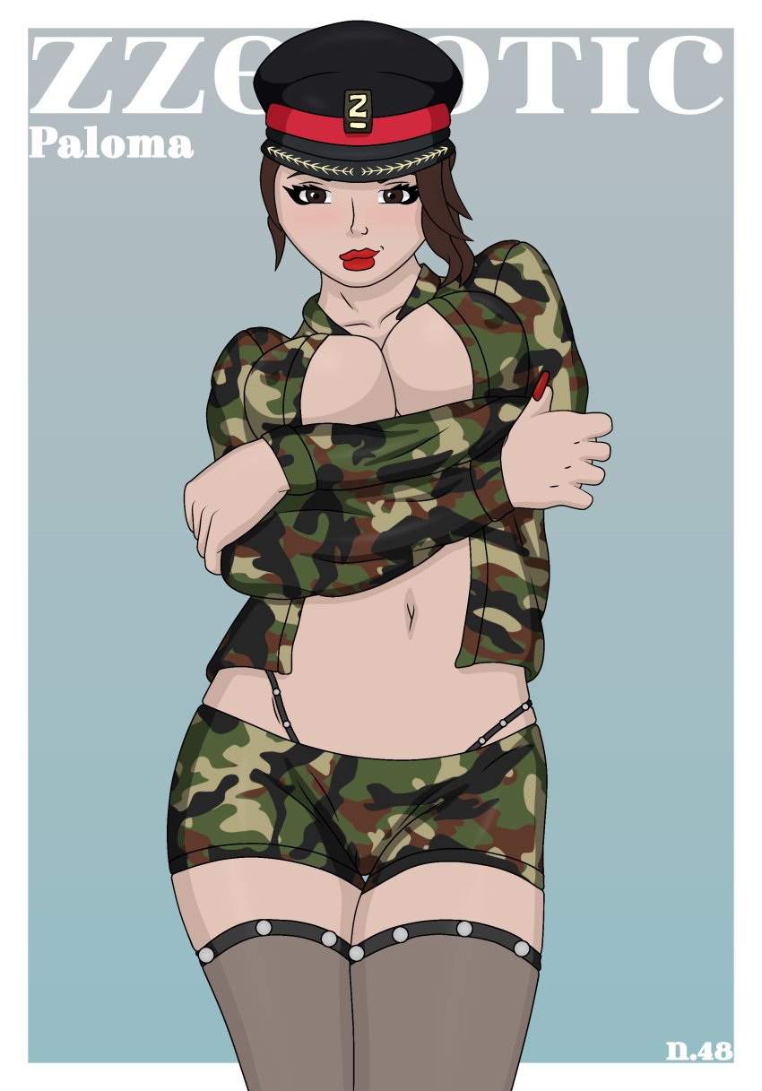 1girls 2022 artist_name big_breasts black_panties breast_grab breast_squeeze breasts brown_eyes brown_hair clothed clothing eyelashes female female_only free_fire garena hat huge_breasts looking_at_viewer medium_hair military military_hat military_jacket military_uniform paloma_(free_fire) panties pantyhose red_lipstick simple_background smile smiling solo solo_female zzerotic