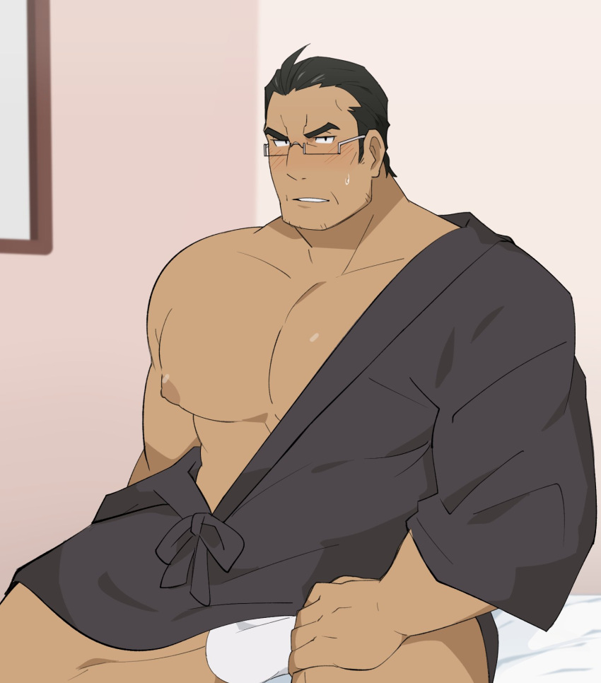 balls bara bara_tits big_pecs blush bulge daisuke_kosaka dilf facial_hair fundoshi glasses hokawazu male male_only muscles muscular my_little_sister_can't_be_this_cute penis solo solo_male