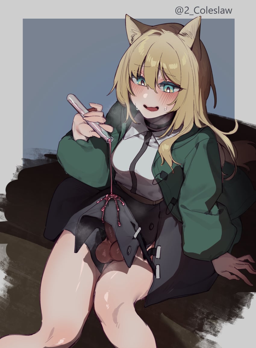 1futa animal_ears aphrodisiac arknights arm_support balls big_penis black_skirt blonde_hair blush breasts bulge clothed clothing collared_shirt cum_inducing_juice dog_ears dog_girl dog_tail erection erection_under_clothes erection_under_skirt futa_only futanari green_eyes green_jacket hair_between_eyes high-angle_view highres holding humanoid humanoid_penis jacket kemonomimi knees_together_feet_apart light-skinned_futanari light_skin long_hair long_sleeves mirin_chikuwa mostly_clothed open_clothes open_jacket open_mouth penis penis_peek podenco_(arknights) pouring_onto_penis shirt sitting skirt solo solo_futa sweat tail tenting testicles vial white_shirt