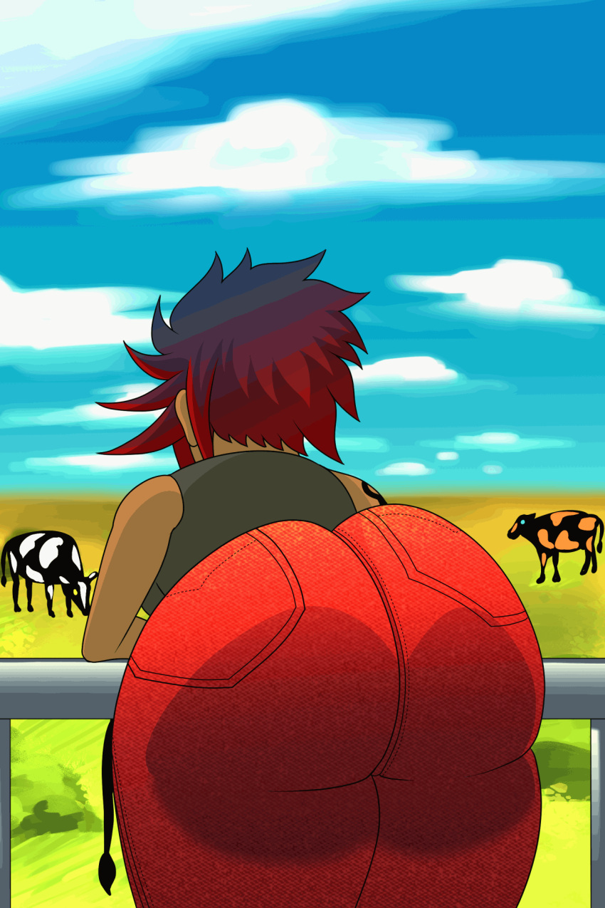 animated ass ass_focus ass_shake big_ass bouncing_ass danivere_(dual_dragons) dual_dragon farm female from_behind fully_clothed huge_ass jeans jiggling_ass large_ass leaning_forward original_character spiky_hair tomboy twerking two_tone_hair