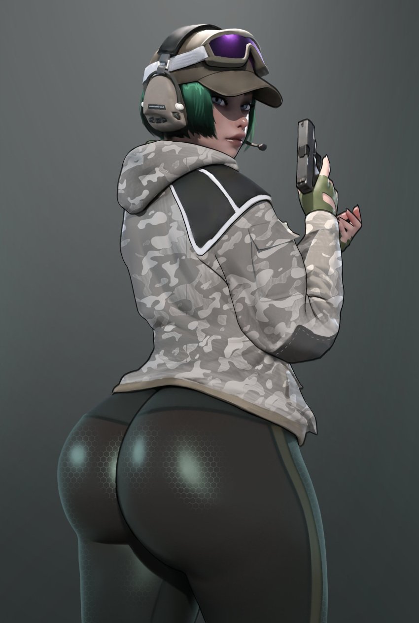 ass_focus background big_ass clothed clothing ela_(rainbow_six) female female_only glock green_hair grey_eyes gun huge_ass leggings looking_at_viewer military_uniform pale-skinned_female pale_skin pistol polish popogori rainbow_six rainbow_six_siege simple_background solo tagme tom_clancy ubisoft