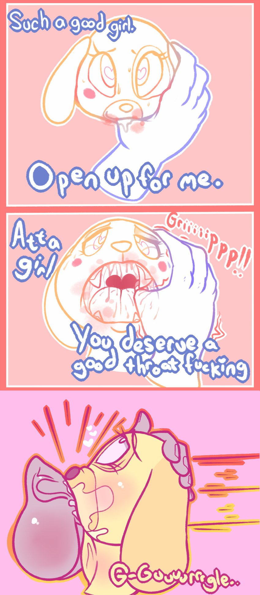 <3_eyes 2022 3_panel_comic absurd_res accessory animal_crossing anthro anthro_penetrated anus bird_dog blush blush_stickers bodily_fluids brown_nose canid canine canis comic cum cum_in_mouth cum_inside cute_fangs deepthroat digital_media_(artwork) domestic_dog doodling_selkie duo english_text eye_roll eyelashes face_fucking fangs feet female female_penetrated foot_focus front_view fur furry genital_fluids genitals golden_retriever goldie_(animal_crossing) headgrab heart hi_res human human_on_anthro human_penetrating human_penetrating_anthro human_penetrating_female humanoid_hands hunting_dog interspecies irrumatio male male/female male_penetrating male_penetrating_anthro male_penetrating_female mammal mouth_play mouth_shot nintendo open_mouth oral oral_penetration penetration penile penis_in_mouth pink_background retriever saliva sex simple_background solo spots spotted_body spotted_fur sweat text throat_fuck thrusting thrusting_into_mouth tongue video_games yellow_body yellow_fur