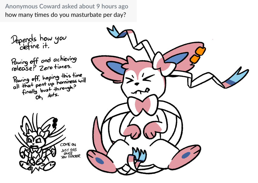 2020s 2022 ambiguous_gender angry blue_body closed_eyes digital_drawing_(artwork) digital_media_(artwork) ear_piercing edging eeveelution english_text feral frustrated fur hi_res humor mammal masturbation multicolored_body nintendo nude null piercing pink_body pink_fur pokémon_(species) pokemon pokemon_(species) remymorph remymorph_(character) simple_background solo sylveon text video_games white_background white_body white_fur zoophilia