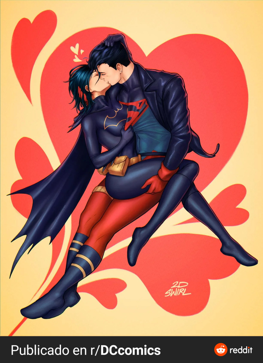 1boy 1girls 2dnsfw 2dswirl asian asian_female batgirl batman_(series) cassandra_cain conner_kent dark_hair dc dc_comics female fully_clothed in_love kissing kon-el male male/female reddit romantic short_hair straight superboy superhero superheroine superman_(series) thick_thighs thighs