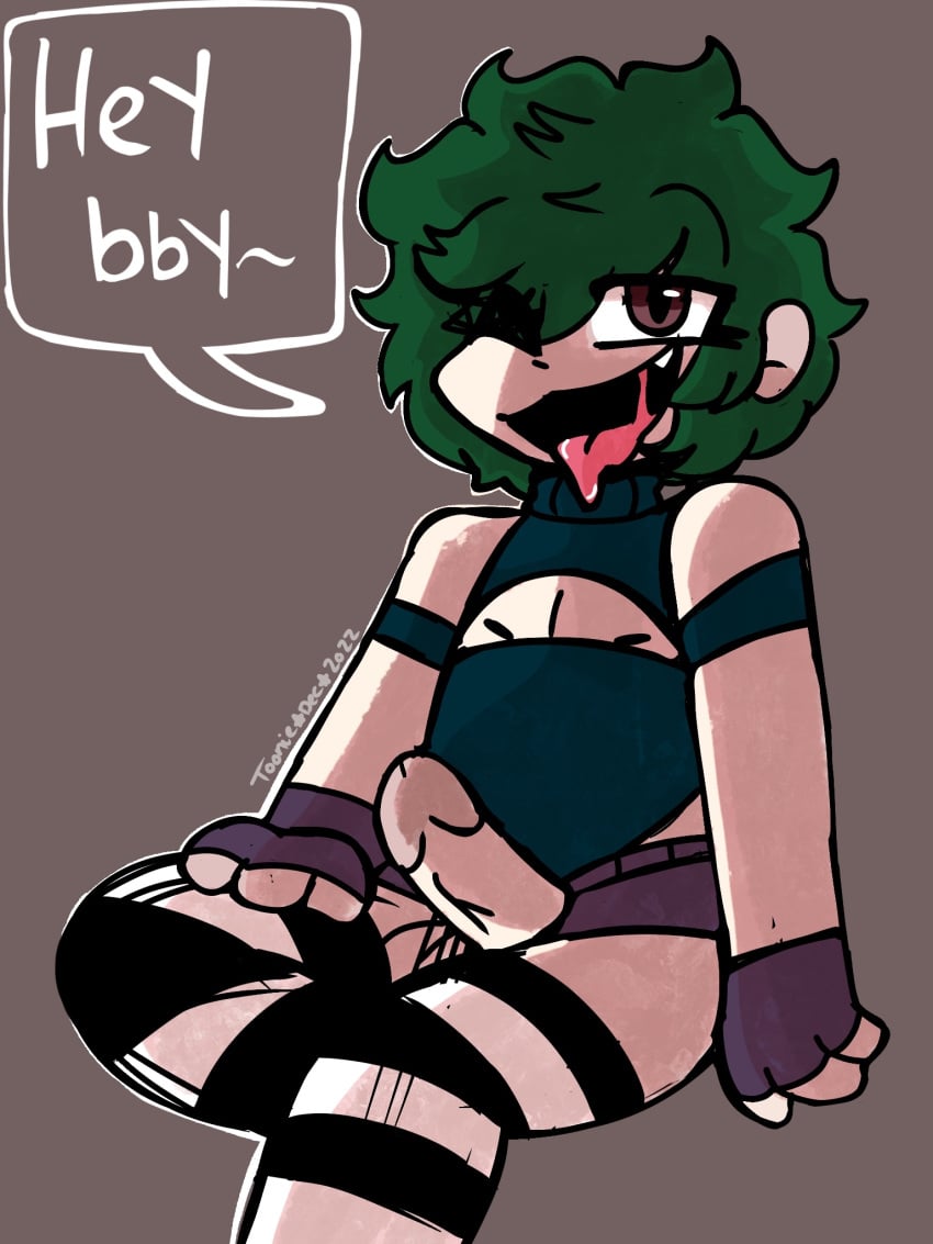 1boy chest_window drooling erection eyelashes fang femboy femboy_only fingerless_gloves green_hair hard_on hazel_eyes horny inviting_to_sex male_only pixelation seductive sharp_tooth simple_background slutty_outfit thick_penis thighhighs tongue_out toonie twink vein wink