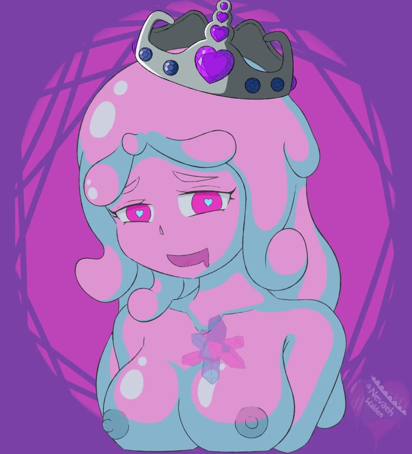 big_breasts breasts crown drool drooling emberbaye female headgear heart-shaped_pupils hi_res long_hair nipples nude open_mouth pink_body pink_eyes queen_slime queen_slime_(terraria) shiny shiny_skin slime slime_girl solo source_request terraria