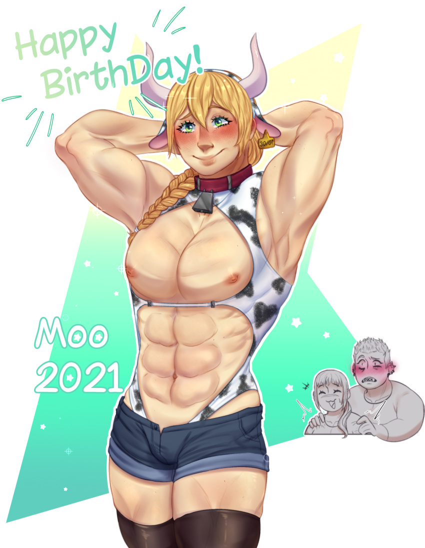 abs adam_dudley ambush_(trap) armpits arms_up big_pecs black_legwear black_thighhighs blonde_hair blush braid braided_hair bulge collar cow_boy cow_ears cow_horns cow_print cowbell denim_shorts ear_tag fake_animal_ears green_eyes hands_behind_head imai_cosmo kengan_(series) kengan_ashura kengan_omega kureishi_mitsuyo leotard long_hair long_hair_male male male_only muscular muscular_male pecs pyo_val short_shorts shorts single_braid smile solo_focus thighhighs twunk year_of_the_ox zettai_ryouiki