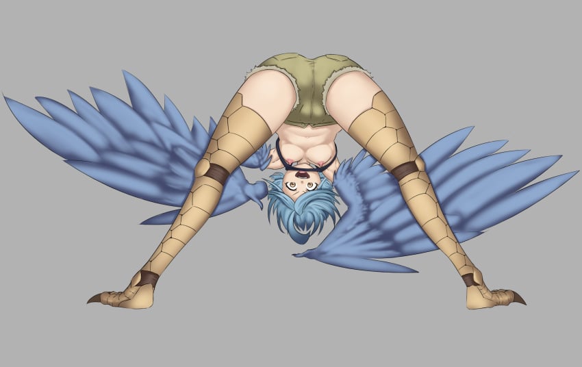 1girls areolae ass back_view bending_over bent_over bird_feet bird_legs blue_feathers blue_hair breasts butt cameltoe feathered_wings female female_only full_body grey_background harpy keruburemu legs_apart looking_at_viewer monster_girl monster_musume_no_iru_nichijou nipples papi_(monster_musume) shorts smiling smiling_at_viewer solo thumbs_up upside-down very_high_resolution winged_arms wings yellow_eyes