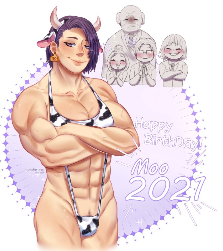 abs ambush_(trap) blush cow_boy cow_ears cow_horns cow_print crossed_arms ear_tag fake_animal_ears kengan_(series) kengan_ashura looking_at_viewer male male_focus mei_(kengan) muscular muscular_male nikaido_ren pubic_hair pubic_hair_peek purple_eyes pyo_val sling_bikini slingshot_swimsuit smile smug solo_focus swimsuit swimwear twunk veiny_muscles