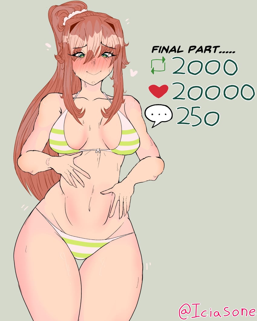 1girls 5_fingers breasts comment_icon doki_doki_literature_club english_text female girls_reacting_to_bikini_(meme) gray_background green_eyes grey_background heart_icon iciasone long_hair monika_(doki_doki_literature_club) motion_lines navel number numbers retweet_icon strip_game text thick_thighs thigh_gap thighs twitter_username