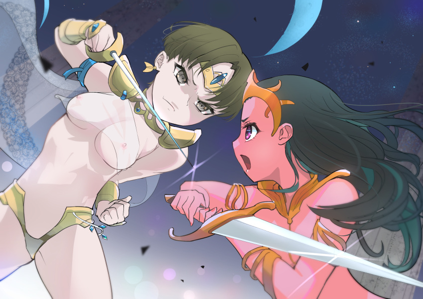 2girls a_princess_of_mars alien alien_girl alien_humanoid barsoom black_hair breasts brown_hair colored_skin commentary crescent_moon crown fantasy fighting frown half-siblings highres holding holding_sword holding_weapon john_carter_of_mars literature long_hair monster_girl moon multiple_girls nipples nude original poi_po_poi public_domain rapier red_skin royalty short_hair sword weapon yuri