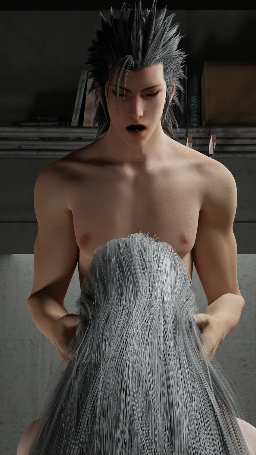 2boys 3d back_view back_view_blowjob blowjob fellatio final_fantasy final_fantasy_vii final_fantasy_vii_remake hand_in_hair implied_blowjob implied_fellatio implied_oral long_hair_male nude nude_male open_mouth oral pleasure_face sephiroth shirtless yaoi zack_fair