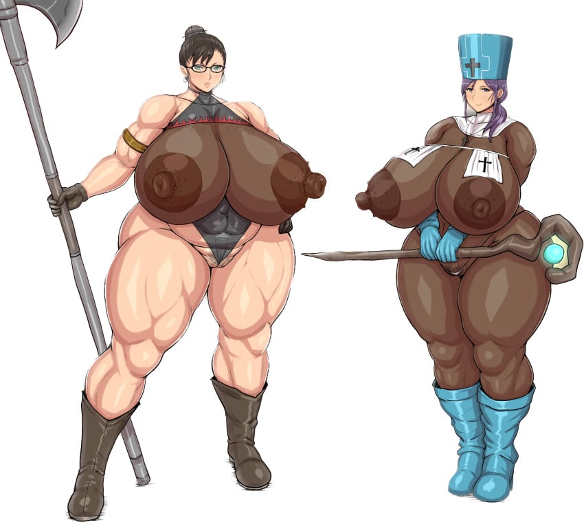 2020s 2022 2d 2d_(artwork) 2girls absurd_res absurd_resolution absurdres alternate_version_available areola areola_bulge aunt axe big_areola big_breasts big_nipples boots calm_look cleric clothing cosplay cross cross_necklace dark_brown_hair dark_nipples dragon_quest dragon_quest_iii earrings erect_nipples erect_nipples_under_clothes fair-skinned_female female female_focus female_only full_body_suit gigantic_breasts glasses green_eyes hips holy_woman large_areolae light-skinned_female magic_staff massive_breasts massive_thighs milf mother muscle muscle_tone muscled muscular muscular_female nipple_bulge nipples nipples_visible_through_clothing original original_character over_1080p over_480p pale-skinned_female pale_skin perky_breasts plump_labia ponkotsuu priest_(dq3) priest_(dq3)_(cosplay) pubic_hair pubic_hair_peek puffy_areola purple_eyes purple_hair pussy ready_for_battle see-through see-through_clothing serious_look staff standing strong_woman thick_calves thick_thighs thighs transparent_background venus_body warrior weapon wide_hips yukiko_(ponkotsuu)