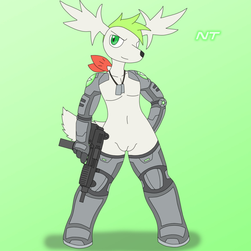 1:1 andromorph anthro antlers confident cuntboy cybernetic_arm cybernetic_leg cybernetic_limb cybernetics cyborg dog_tags exposed_torso fan_character firearm flat_chested generation_4_pokemon genitals green_eyes gun hair handgun head_tuft hi_res holding_gun holding_object holding_weapon horn intersex intersex/male jewelry legendary_pokemon looking_at_viewer machine male necklace ninjatreecko nintendo nude pokémon_(species) pokemon pokemon_(species) pokemorph pussy ranged_weapon shaymin simple_background sky_forme_shaymin solo submachine_gun trigger_discipline tuft video_games weapon white_body