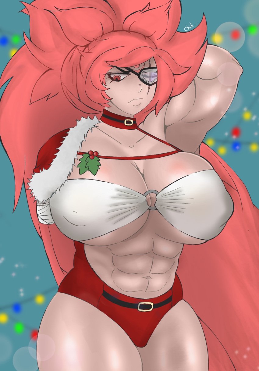 baiken big_areola big_breasts big_muscles bikini_top christmas christmas_clothing christmas_outfit guilty_gear guilty_gear_strive guilty_gear_xrd inverted_nipples lots_of_hair muscular muscular_arms muscular_female puffy_areola puffy_nipples red_eyes scar_across_eye six_pack toned_body toned_female