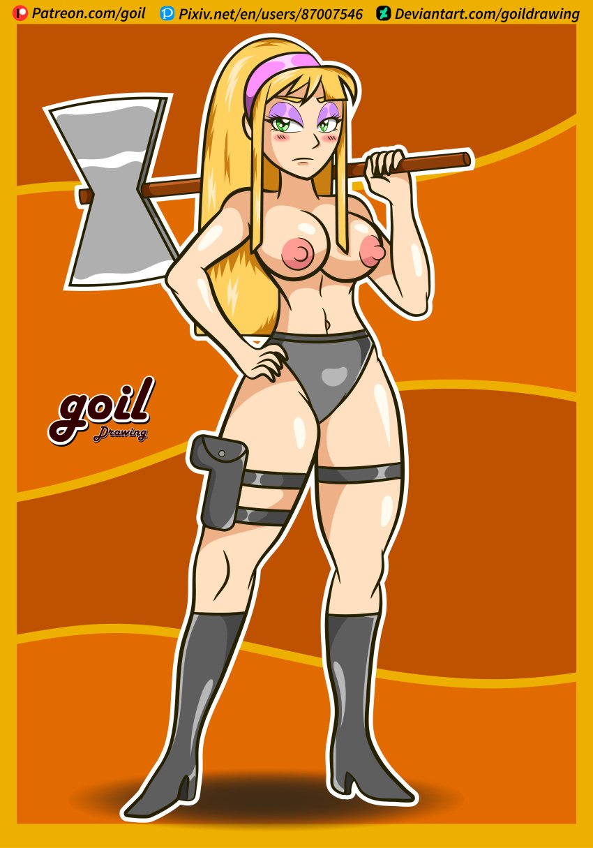 aged_up axe big_breasts blonde_hair breasts disney_channel disney_xd female goil_drawing green_eyes kendall_perkins kick_buttowski