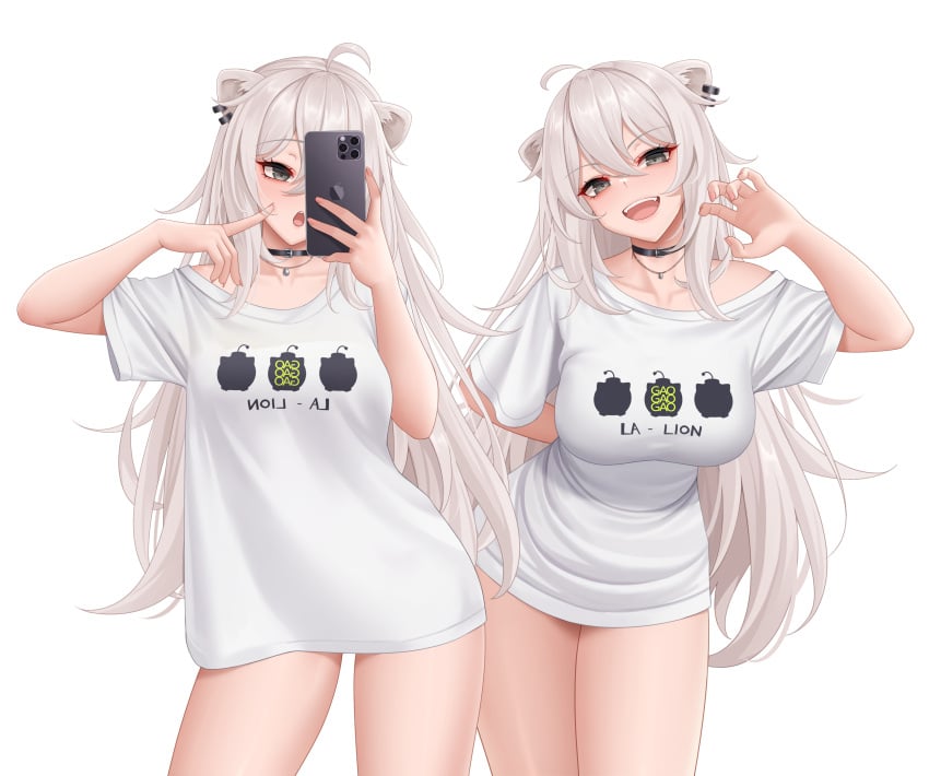 1girls 2022 2d 2d_(artwork) big_breasts blush choker clothed clothed_female clothing eyebrows_visible_through_hair fan_mascot_(vtuber) female female_only hidden_curves hololive hololive_gen_5 hololive_japan light-skinned_female light_skin lion_ears lion_girl long_hair looking_at_viewer meme multiple_images multiple_scenes open_mouth pale-skinned_female pale_skin selfie shirt shirt_dress shirt_tighten_meme shishiro_botan simple_background ssrb t-shirt/pajamas_challenge thick_thighs thighs tight_clothes tight_clothing tight_shirt virtual_youtuber wei_xiao white_background white_shirt