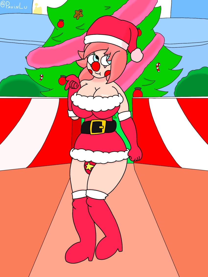 1futa 1girls balls balls_under_clothes big_breasts breasts bulge christmas christmas_outfit cleavage clothed clothing clown_girl clowndia dickgirl fully_clothed futa_only futanari human light-skinned_futanari light_skin original_character pavinlu santa_hat solo solo_futa standing