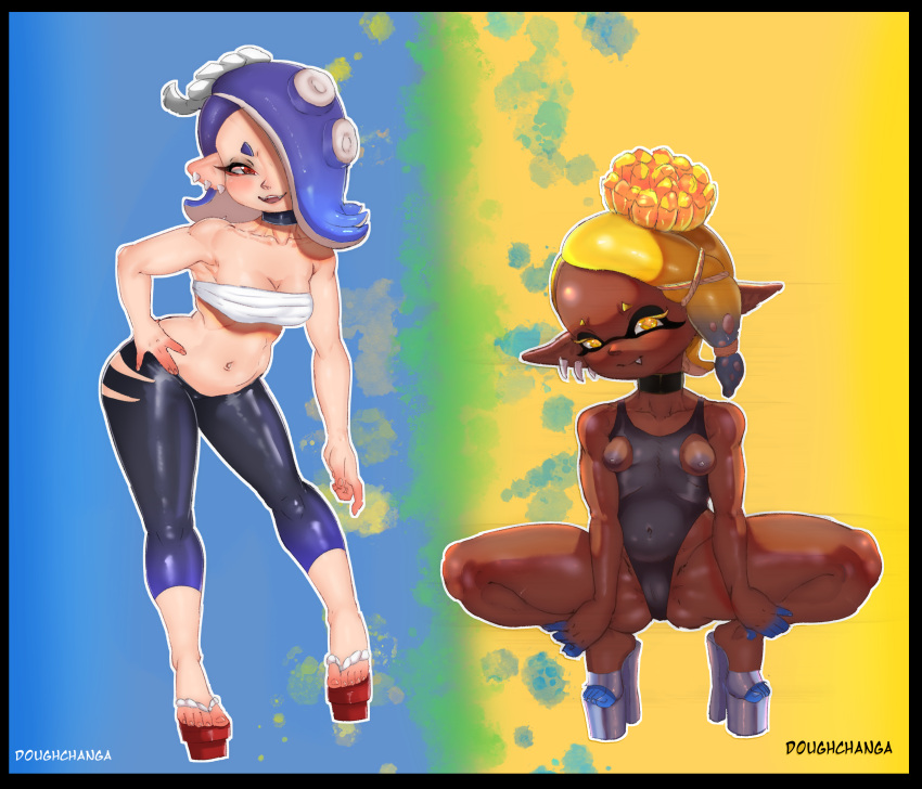 breast_cutout breasts dark-skinned_female dark_skin deep_cut_(splatoon) doughchanga frye_(splatoon) high_heels inkling leotard nintendo octoling shiver_(splatoon) splatoon splatoon_3 tagme