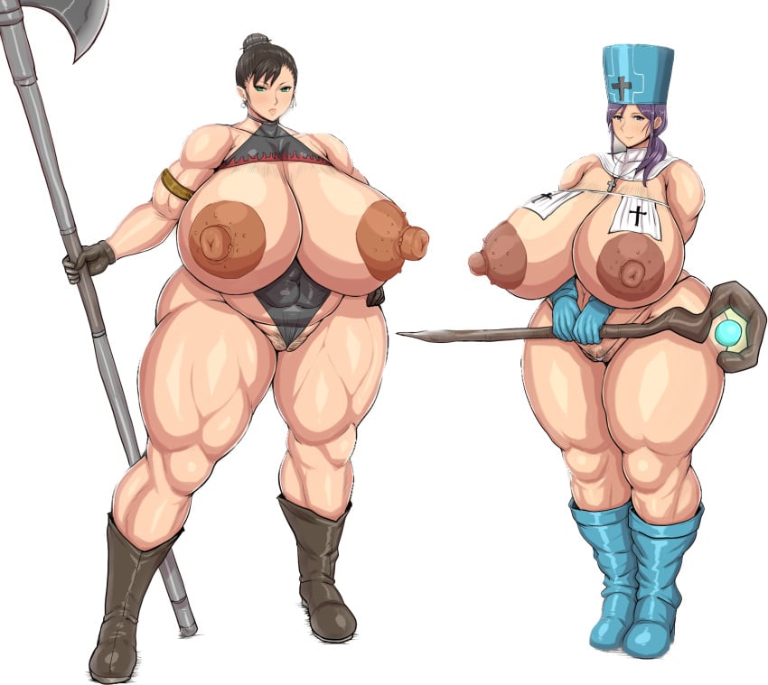 2020s 2022 2d 2d_(artwork) 2girls absurd_res absurd_resolution absurdres alpha_channel alternate_version_available areola aunt axe big_areola big_breasts big_nipples boots calm_look cleric clothing cosplay cross cross_necklace dark_brown_hair dark_nipples dragon_quest dragon_quest_iii earrings fair-skinned_female female female_focus female_only functionally_nude gigantic_breasts glasses green_eyes hips holy_woman human large_areolae light-skinned_female magic_staff massive_breasts massive_thighs milf mostly_nude mother muscle muscle_tone muscled muscular muscular_female nipple_covers nipples nipples_visible_through_clothing nude original original_character over_1080p over_480p pale-skinned_female pale_skin perky_breasts plump_labia ponkotsuu priest_(dq3) priest_(dq3)_(cosplay) pubic_hair pubic_hair_peek puffy_areola purple_eyes purple_hair pussy ready_for_battle serious_look staff standing strong_woman thick_calves thick_thighs thighs transparent_background venus_body warrior weapon wide_hips yukiko_(ponkotsuu)