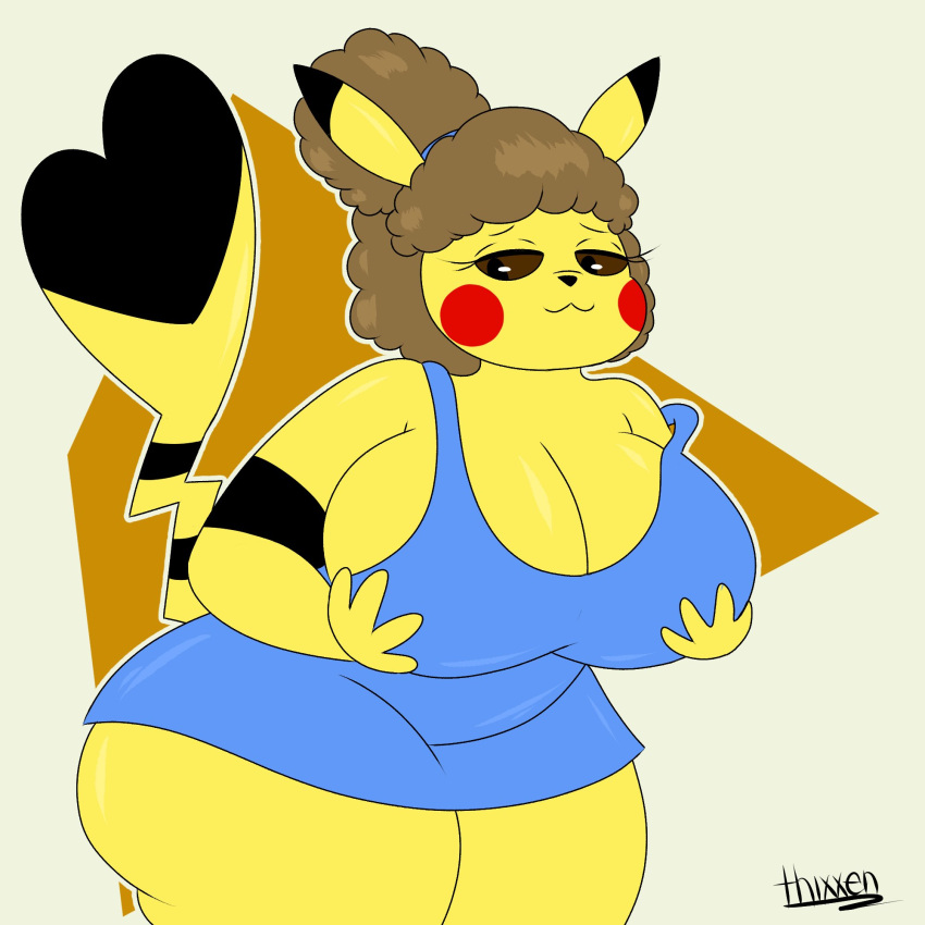 artist_name big_breasts breasts brown_hair cleavage cosplay_pikachu dress female game_freak holding_breasts huge_breasts nintendo pikachu pokemon pokemon_(species) thick_thighs thixxen