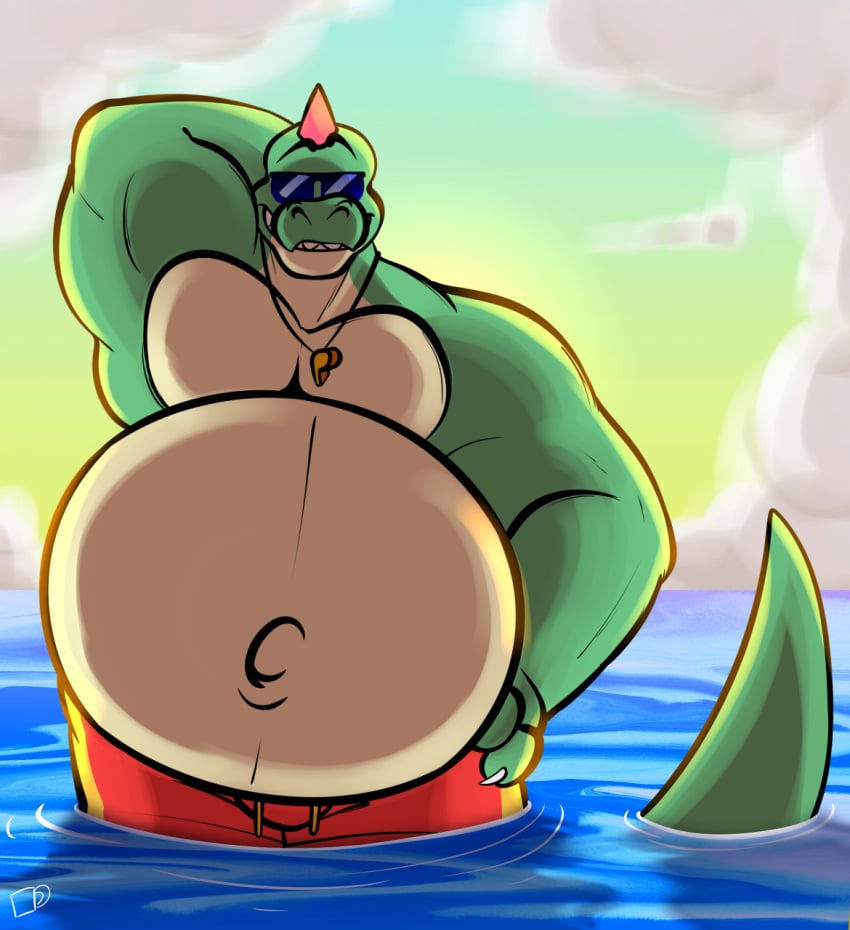 1boy ball_belly belly_button belly_focus big_belly brawl_stars buzz_(brawl_stars) dinosaur fat_belly furry gay huge_belly lifeguard looking_at_viewer male_focus male_only non-human ocean scalie scalie_male scalie_only shorts snout solo solo_male squintingboi sunglasses swimming_trunks water whistle