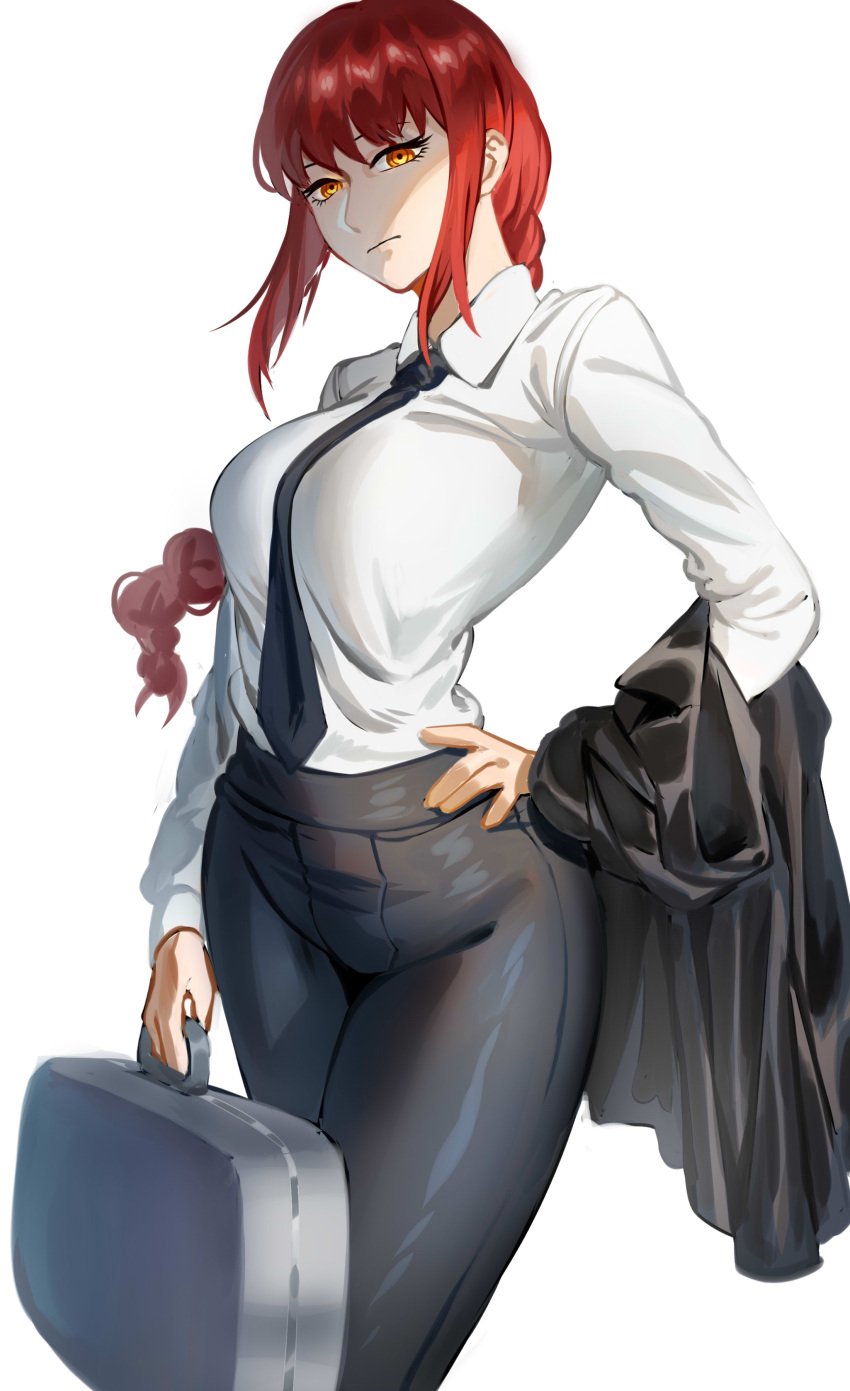 big_breasts braid braided_hair braided_ponytail breasts business_suit business_woman busty chainsaw_man hips large_breasts makima_(chainsaw_man) office_lady red_hair spiral_eyes suitcase thick thick_thighs thighs tie tight_clothing uyzoc white_background wide_hips