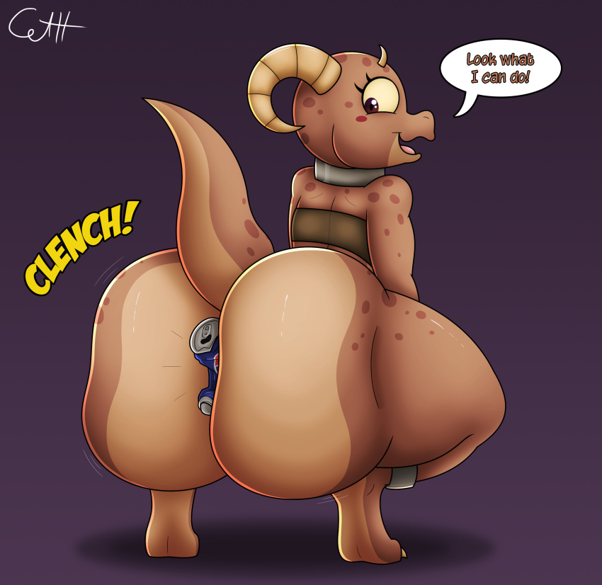 anthro ass big_ass big_butt brown_body brown_scales english english_text holding_object_between_buttocks horn horns kobold large_ass piko_(simplifypm) scales scalie scalie_humanoid skunkdude13 strong tan_body tan_skin text the_simplifypm-verse thick thick_ass thick_thighs thighs