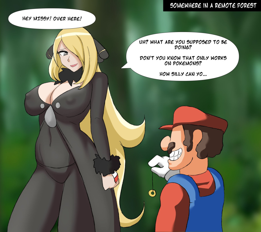 1boy 1girls abott95 cynthia_(pokemon) english_text female hypnosis imminent_rape male mario mario_(series) pendulum pokemon smaller_male