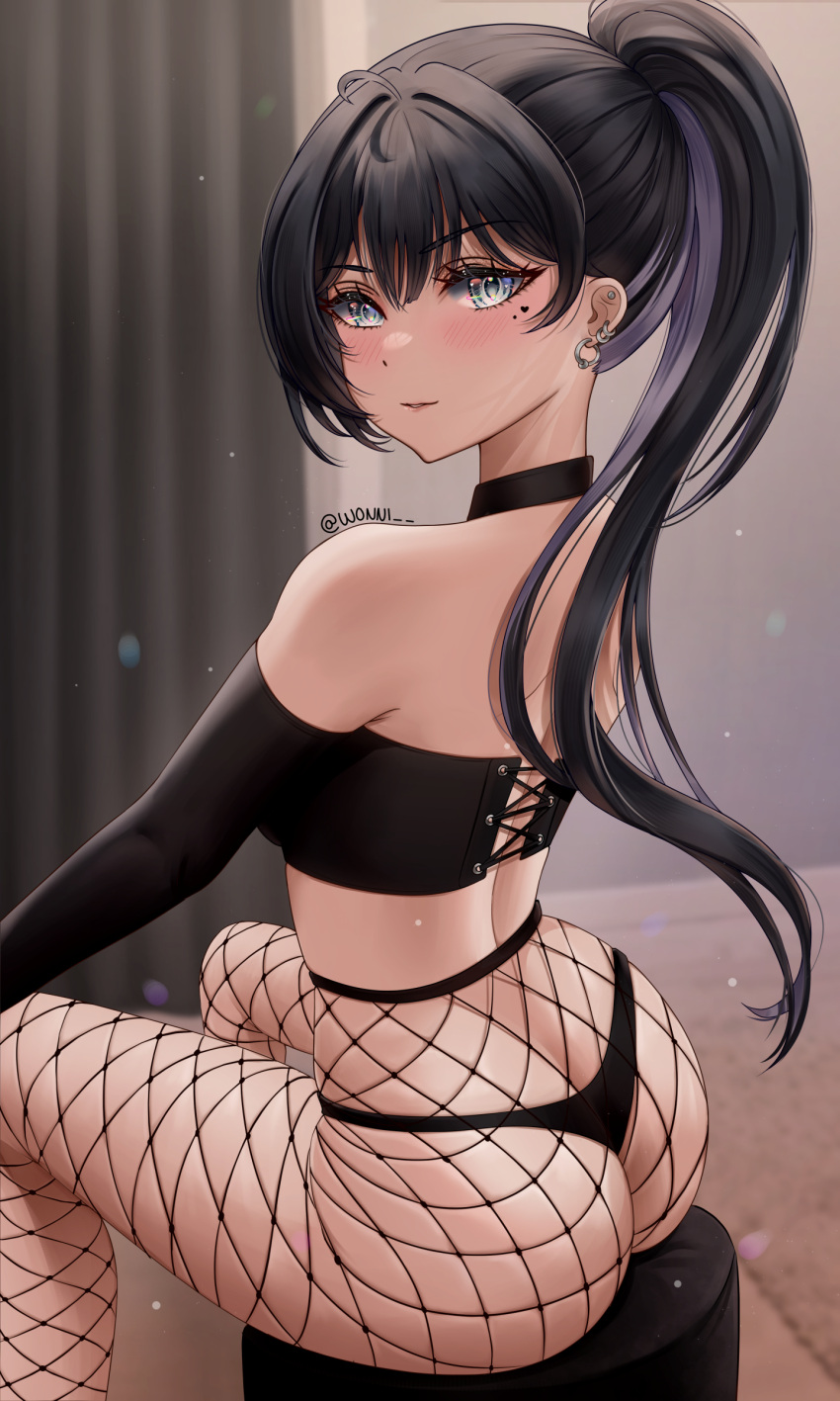 1girls absurdres ass bare_shoulders black_hair blue_eyes blush choker corset ear_piercing earrings female female_artist female_only fishnet_legwear fishnets highres light-skinned_female light_skin nabi_(wonnikon) original ponytail sitting solo thong wonnikon