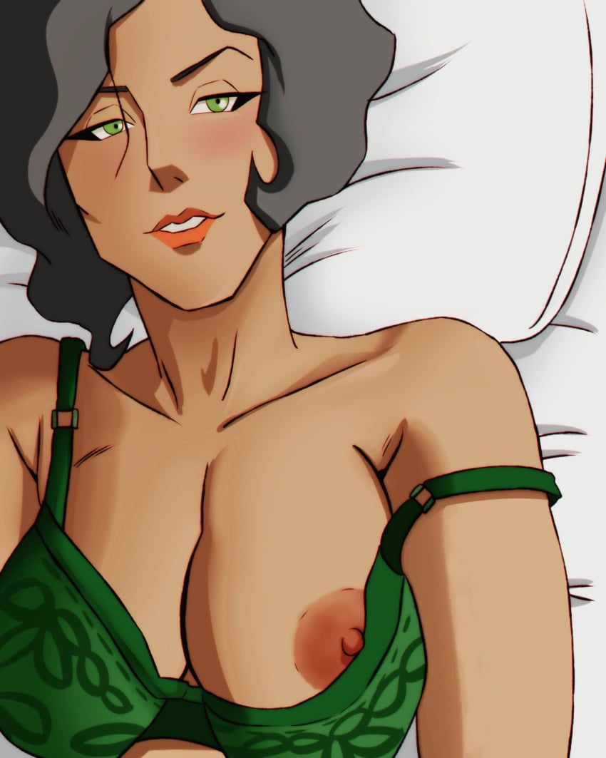 1girls areola areolae avatar_the_last_airbender blush bob_cut bra bra_strap bra_strap_down breasts brown_skin curly_hair dark-skinned_female dark_skin earth_kingdom earthbender exposed_breast exposed_nipple eyebrows green_bra green_eyes grey_hair large_breasts laying_on_back laying_on_bed looking_at_viewer loose_hair matriarch medium_breasts metalbender milf mommy mother nickelodeon older_female pillow salvamakoto seductive_look seductive_mouth seductive_smile solo solo_focus straight_hair sultry_eyes suyin_bei_fong the_legend_of_korra zaofu