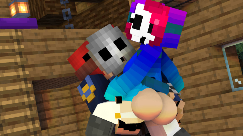 ass_focus ass_grab bleatway gradient_clothes leg_up mario_(series) mask masked_female masked_male mine-imator minecraft original_character original_characters red_hair sex shy_gal shy_guy