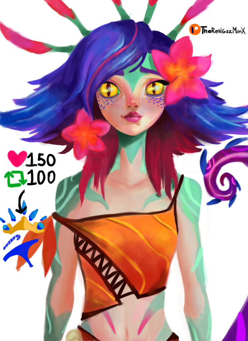 blue_hair body_markings clothed clothed_female clothing color colored digit_ring digital_art digital_drawing_(artwork) digital_media_(artwork) female female_focus female_only flower_in_hair goal_post humanoid league_of_legends neeko no_nude pink_flower simple_background tail tail_markings therealgazmanx white_background yellow_eyes