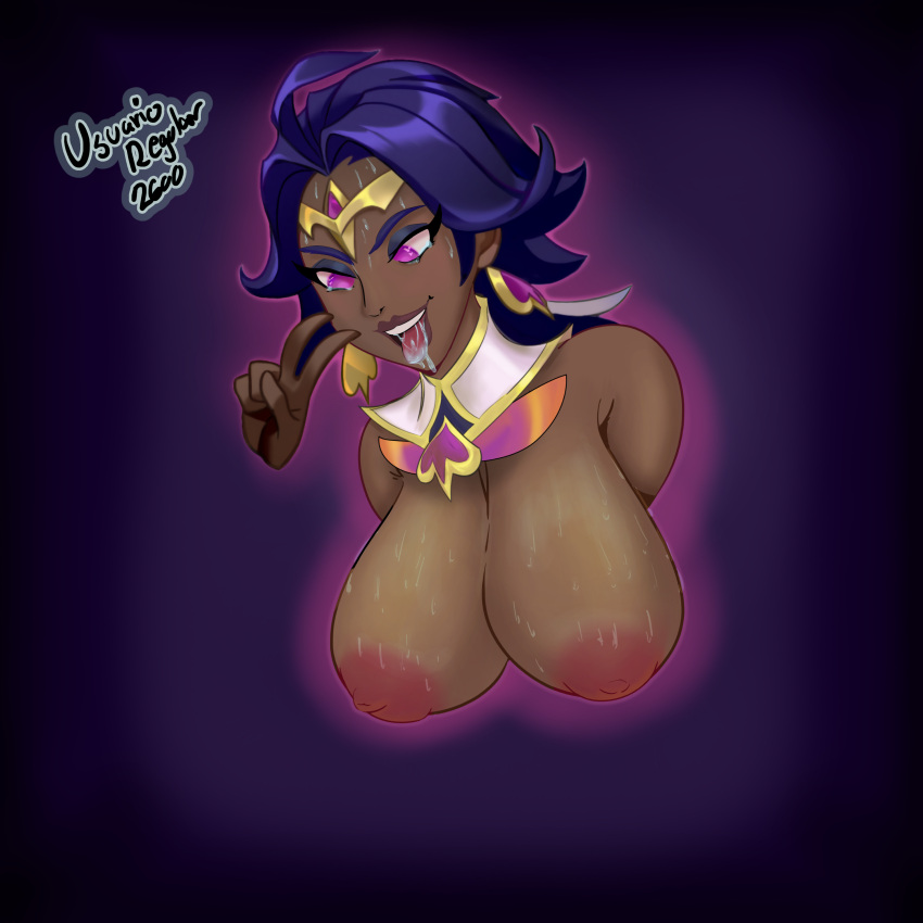 1girls big_breasts breast_expansion dark_skin league_of_legends lol_emotes nilah peace_sign saliva star_guardian_nilah star_guardian_series sweat sweaty_breasts tongue_out usuarioregular2600