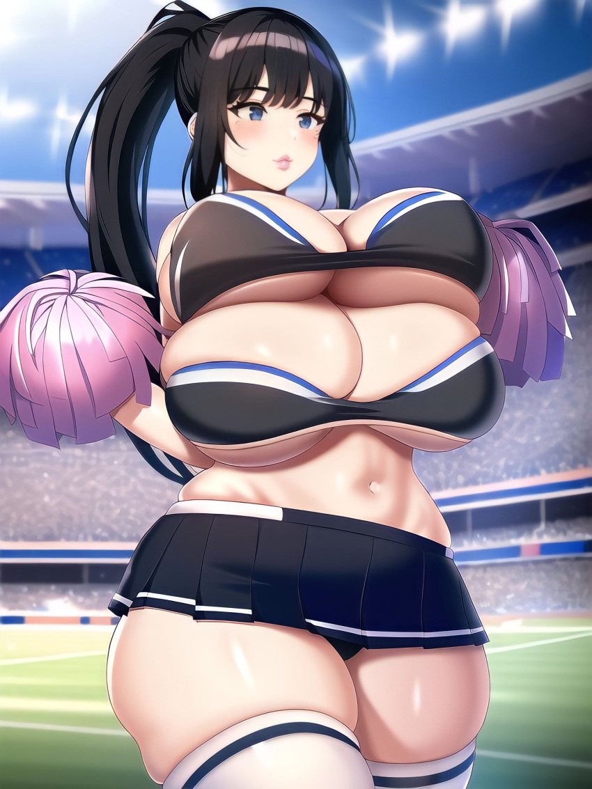 4_breasts ai_generated belly big_breasts big_lips black_hair blue_eyes breasts bursting_breasts cheerleader cheerleader_uniform cleavage crop_top curvy huge_breasts midriff miniskirt multi_breast nai_diffusion pom_poms ponytail sidelocks skirt stable_diffusion stadium tetra_(oc) tetra_ai thick_thighs thighhighs tight_clothing voluptuous wide_hips