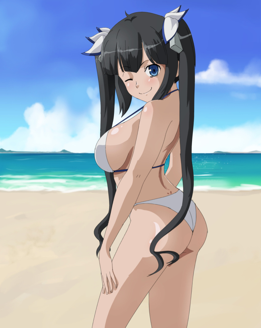 1girls ass beach big_ass big_breasts bikini black_hair breasts bubble_butt busty confident dat_ass dungeon_ni_deai_wo_motomeru_no_wa_machigatteiru_darou_ka female female_only hestia_(danmachi) highres large_breasts legs long_hair looking_at_viewer ocean one_eye_closed pose posing sensual sideboob solo swimsuit thighs twintails voluptuous water wbd white_bikini wink