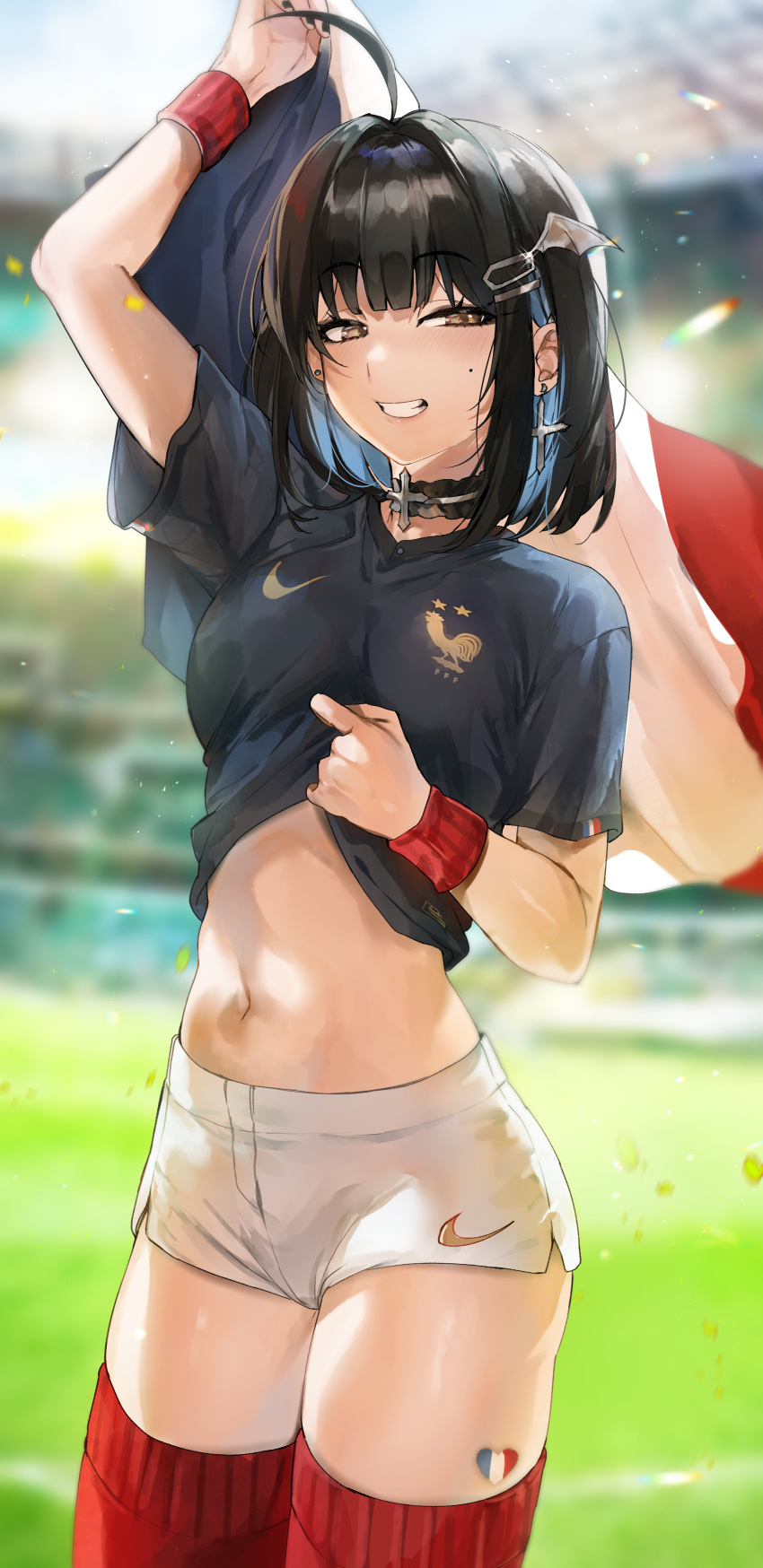 1girls 2022_fifa_world_cup belly belly_button black_hair blush choker earrings female female_only fifa france highres irene_(kanniiepan) jersey kanniiepan midriff navel original original_character shirt_lift short_hair shorts smile smiling smiling_at_viewer soccer_uniform sportswear thighhighs world_cup