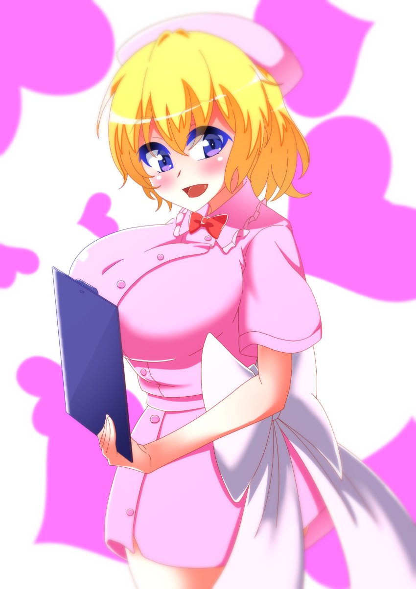 alternate_breast_size alternate_costume blonde_hair blue_eyes blush buuta_(densya101) eyelashes huge_breasts looking_at_viewer medicine_melancholy nurse nurse_uniform open_mouth pink_nurse_outfit tagme thighs touhou wavy_hair