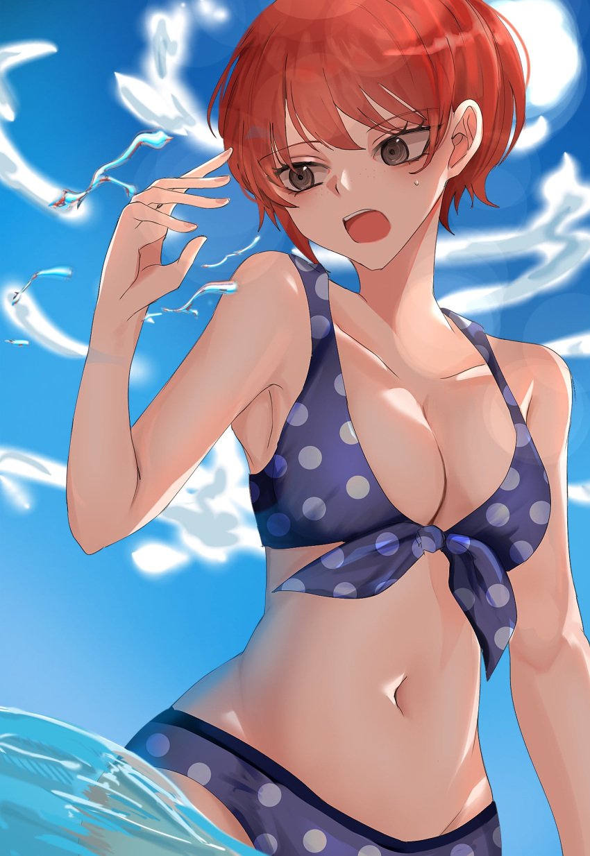 2022 beach_background bikini bikini_bottom bikini_top blue_background blue_bikini breasts cleavage cloud clouds cloudy_sky coconuts_(artist) danganronpa danganronpa_2:_goodbye_despair danganronpa_s:_ultimate_summer_camp female female_focus female_only freckles freckles_on_face gray_eyes grey_eyes knot koizumi_mahiru polka_dot polka_dot_bikini polka_dot_bra polka_dot_panties polka_dot_swimsuit polka_dots red_hair sea seagull seagulls seaside solo solo_focus splash splashing splashing_water straight_hair super_danganronpa_2 tied_down very_short_hair water