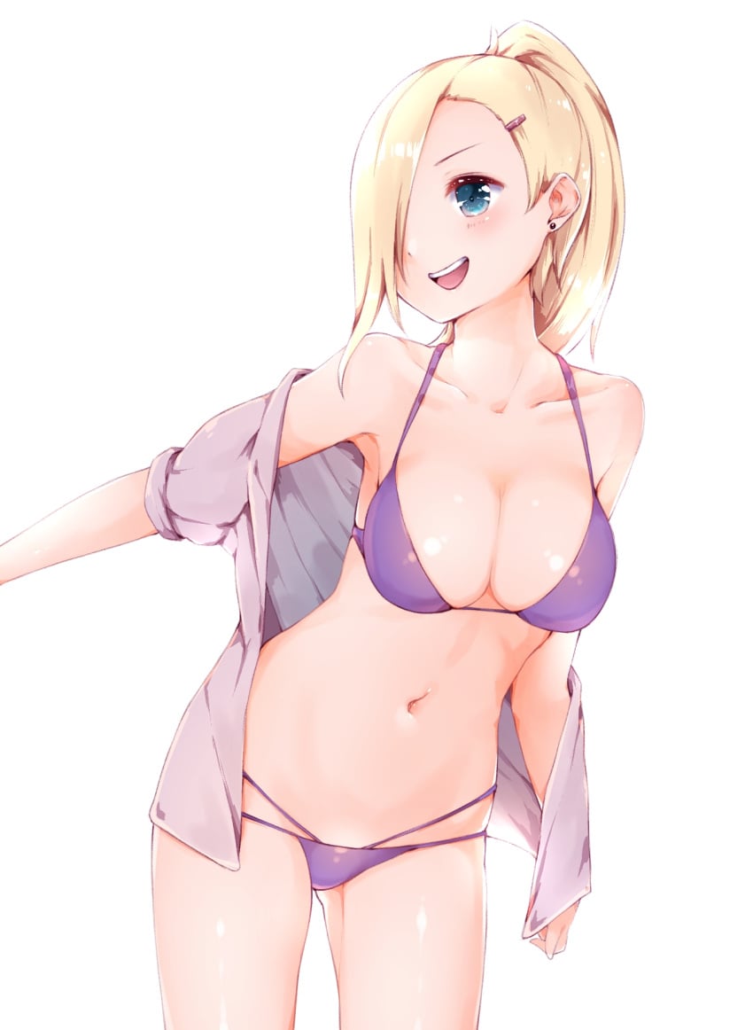 1girls :d arm_at_side azuki_(krps-hano) backlighting bad_id bikini bikini_under_clothes blonde_hair blue_eyes breasts cleavage collarbone cowboy_shot earrings hair_ornament hair_over_one_eye hairclip halterneck highres ino_yamanaka jewelry large_breasts leaning_forward legs_apart long_hair looking_back manatsuki_manata multi-strapped_bikini naruto naruto_(series) navel off_shoulder one_eye_covered open_clothes open_mouth open_shirt outstretched_arm ponytail puffy_short_sleeves puffy_sleeves purple_bikini shiny shirt short_sleeves simple_background smile solo stomach string_bikini stud_earrings swimsuit white_background