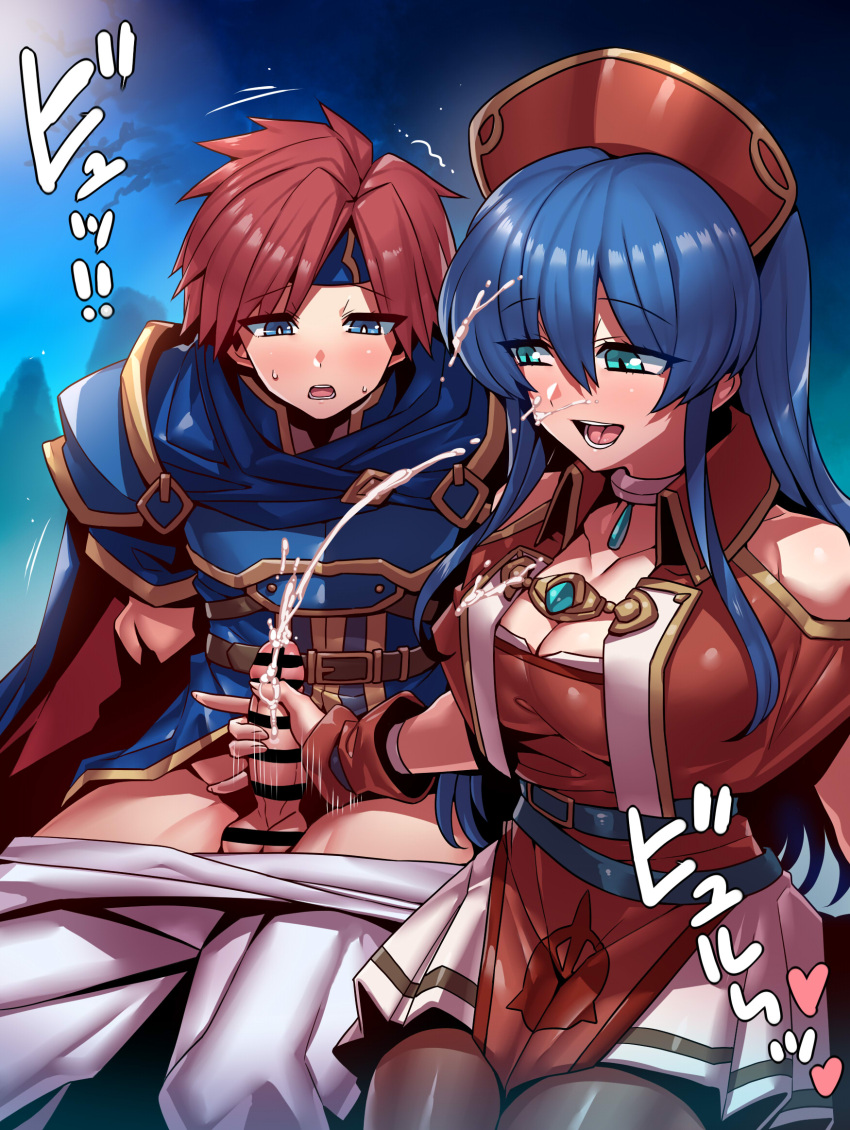 1boy 1girls aqua_eyes blue_eyes blue_hair breasts censored cleavage cum cum_on_face cum_on_hair cumshot ejaculation female fire_emblem fire_emblem:_the_binding_blade green_eyes handjob hat large_breasts light-skinned_female light-skinned_male light_skin lilina_(fire_emblem) long_hair looking_at_penis male nintendo open_mouth pantyhose red_hair roy_(fire_emblem) smile sound_effects thighs tsuki_wani tukiwani