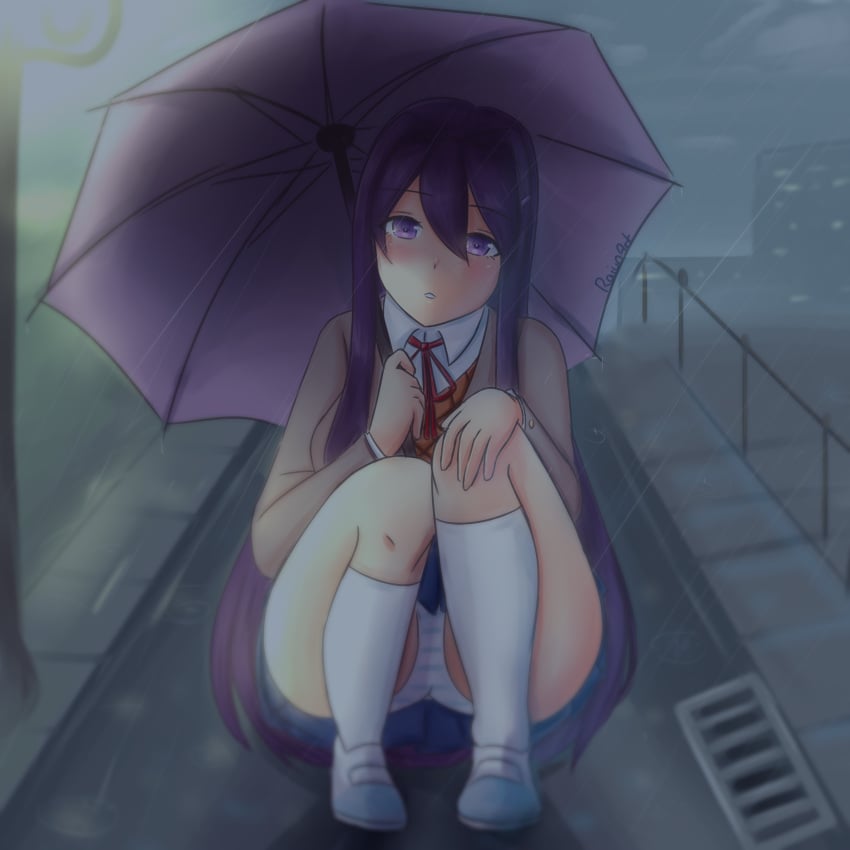 1girls 5_fingers artist_name blue_skirt doki_doki_literature_club female_only holding_umbrella knee_socks kneehighs kneesocks long_hair panchira panties pantyshot pantyshot_(squatting) purple_eyes purple_hair purple_umbrella rain raining raionart school_uniform schoolgirl shimapan shoes skirt socks socks_and_shoes solo solo_female squatting umbrella uwabaki white_socks yuri_(doki_doki_literature_club)