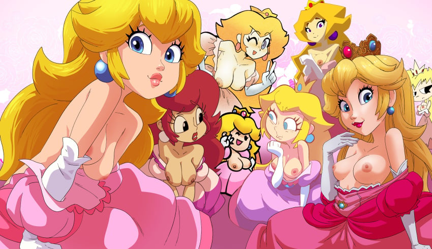 6+girls :3 absurdres accurate_art_style bare_shoulders bigarmybug_(style) blonde_hair blue_eyes blush breasts brooch brown_hair collarbone coolerinker crown dress earrings egoraptor_(style) elbow_gloves frills gloves highres inker_comics inkershike jewelry large_breasts lips lipstick long_hair looking_at_viewer makeup mario_(series) medium_breasts mini_crown multiple_girls multiple_persona nipples no_bra off_shoulder open_mouth paper_mario paper_peach parody pink_dress pink_lips princess_peach princess_peach_(starbomb) princess_toadstool puffy_short_sleeves puffy_sleeves red_lips sakura_tamakichi_(style) short_sleeves smile square_crossover style_parody super_mario_64 super_mario_adventures super_mario_bros._(2023_film) the_super_mario_bros._super_show! underwear undressing v white_gloves