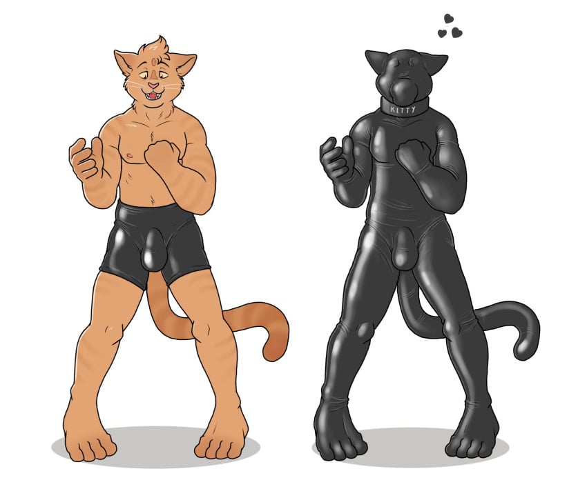 2022 anthro biped blueballs_(artist) bulge clothed clothing collar digital_drawing_(artwork) digital_media_(artwork) domestic_cat drone english_text felid feline felis fur glistening glistening_body heart hi_res male mammal markings open_mouth rubber rubber_clothing rubber_creature rubber_shorts rubber_transformation sequence simple_background smile solo striped_markings stripes teeth text transformation white_background