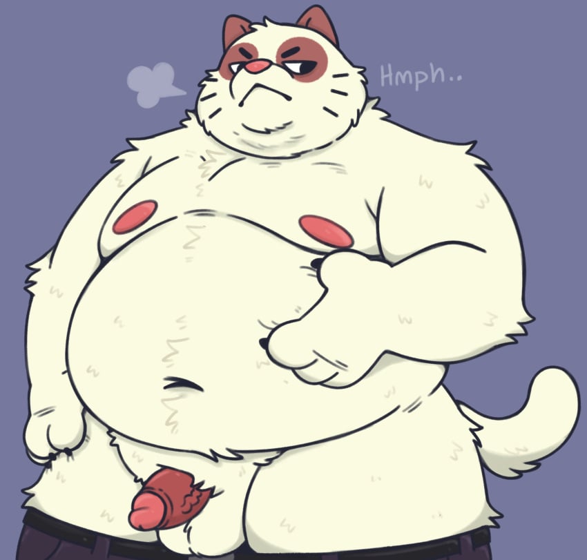 2022 anthro balls belly big_belly body_hair bottomwear bottomwear_down breath campfire_donut chest_tuft clothed clothing domestic_cat felid feline felis genitals hand_on_hip hand_on_stomach happy_trail hi_res hmph looking_annoyed male male_only mammal moobs navel nipples nude overweight pants pants_around_ankles pants_down partially_clothed penis pubes purple_background simple_background slightly_chubby solo solo_male topless tuft vein veiny_penis