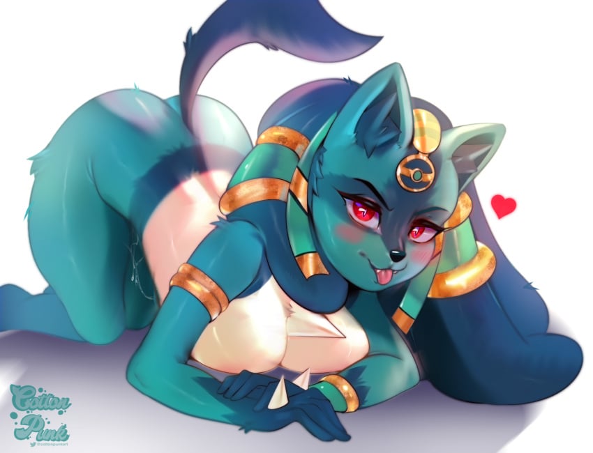 anime_eyes anthro ass_up blush bodily_fluids breast_squish breasts canid cotton_punk digital_media_(artwork) egyptian female fur generation_4_pokemon genital_fluids hi_res looking_at_viewer lucario mammal multicolored_body nintendo nude open_mouth pokémon_(species) pokemon pokemon_(species) pokemon_unite pussy_juice red_eyes simple_background smile solo solo_focus squish tongue video_games white_background