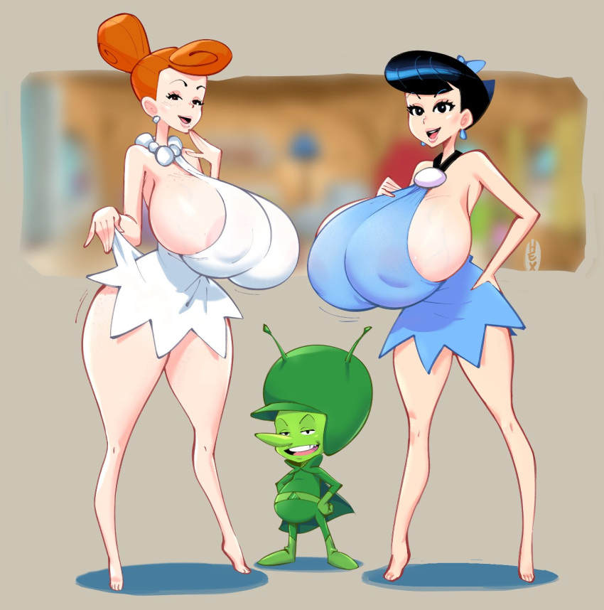 1boy 2girls alien betty_rubble female gigantic_breasts hexamous huge_breasts large_breasts male overflowing_breasts tagme the_flintstones the_great_gazoo thick_thighs wilma_flintstone